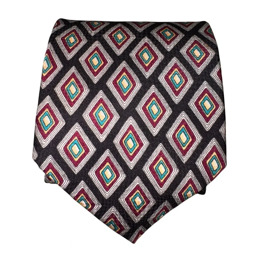 Eagle‎ Menswear Silk Tie Black Burgundy Teal Geometric Diamond Pattern Necktie